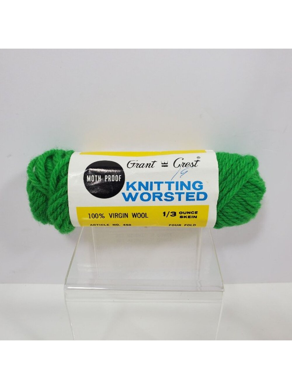 Kelly Green Skein Grant Crest Knitting Worsted 100 Percent Virgin Wool Vintage
